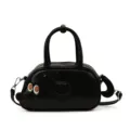 Black leather dachshund shaped handbag, cute animal design shoulder bag with top handle. - Black