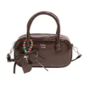 Vintage dark brown patent leather bowling handbag with cute bead charm and shoulder strap. - Coffee Brown