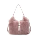 Pink fluffy shoulder bag for women, soft plush hobo handbag with stylish turn-lock. - Pink