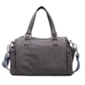 Dark grey grid pattern shoulder bag with top handles and blue straps, stylish commuter style. - Gray