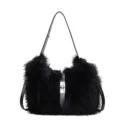 Chic fuzzy faux fur shoulder bucket bag for women, stylish autumn winter fluffy handbag. - Black