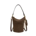 Brown suede bucket bag for women, quilted shoulder crossbody bag with beads charm. - With Charm / Coffee Brown