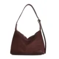 Dark brown suede hobo shoulder bag for women, vintage underarm crossbody bag with leather trim. - Coffee Brown