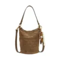 Brown quilted suede bucket bag with top handle, adjustable strap, and chic beaded charm. - With Charm / Khaki