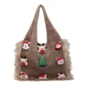 Christmas knit tote bag, large capacity brown shoulder bag with cute plush holiday patches. - Khaki