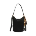 Black suede bucket bag for women, quilted crossbody shoulder bag with wood beads charm. - With Charm / Black