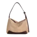 Khaki suede shoulder bag with brown leather trim, vintage hobo bag for women daily commute. - Khaki