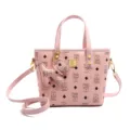 Pink PU leather bucket bag with cute bear pattern, top handle and crossbody strap. - Pink