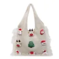 Beige Christmas knitted tote bag with cute plush Santa and reindeer patches for women. - Off White