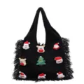 Black fuzzy Christmas knit tote bag with cute Santa and reindeer plush patches, casual bag. - Black