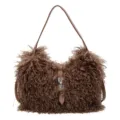 Brown fluffy plush shoulder bag for women, trendy autumn winter faux fur crossbody handbag. - Coffee