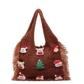 Christmas knit tote bag brown shoulder bag with cute plush Santa and reindeer decorations. - Brown