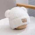 Cute white plush bear ear hat for kids, warm winter knitted cap with cute animal ears design. - White Tag Hat