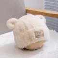 Cute plush bear ear hat for kids, autumn and winter warm cozy windproof fuzzy cap in beige. - Beige Tag Hat