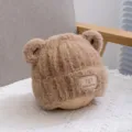 Cute winter plush bear ear hat for kids warm windproof knitted cap for boys and girls - Khaki Tag Hat