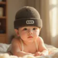 Baby brown knitted beanie hat, cute children winter warm pullover cap with patch. - 2-6 Years / Coffee