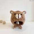Lindo gorro de peluche cálido orejeras bebé detalle, sombrero animal marrón invierno niño niña. - Marrón