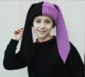 Black purple split color knitted rabbit ear beanie hat cute warm winter hat detail view - Elastic (54-58cm) / Purple and Black