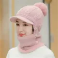 Gorro de punto de invierno rosa con visera y calentador de cuello integrado - Talla única / Rosa