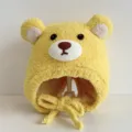 Cute yellow plush bear hat for kids, winter warm windproof baby hat with ears and ties. - Yellow Bear Plush - One Size