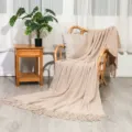 Beige knitted throw blanket for sofa and bed, soft boho fringe blanket with diamond pattern. - Milk Coffee / Diamond Blanket [Milk Coffee] (127x180cm)