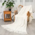 Nordic style knitted throw blanket for sofa and bed, cozy beige blanket with fringe details. - Off White / Diamond Blanket [Cream White] (127x180cm)