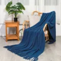 Nordic style blue knitted throw blanket soft fringe textile for cozy sofa bed decor - Denim Blue / Diamond Blanket [Denim Blue] (127x180cm)