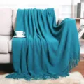Nordic teal knitted throw blanket for sofa and bed, cozy fringe design for home decor. - Morandi Blue / Doudou Blanket [Morandi Blue] (127x180cm)
