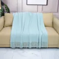 Nordic style knitted throw blanket for sofa and bed, soft mint blue nap blanket with tassels. - Aqua Blue / Doudou Blanket [Water Blue] (127x180cm)