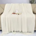 Cozy knit throw blanket for sofa bed, soft beige decorative blanket with fringe. - Off White / Doudou Blanket [Cream White] (127x180cm)