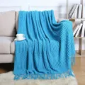 Nordic style blue knitted throw blanket with tassels for sofa bed living room decor - Lake Blue / Corn Blanket [Lake Blue] (127x180cm)