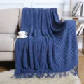 Nordic blue knitted throw blanket for sofa bed decorative tassel fringe cozy home decor. - Navy Blue / Corn Blanket [Navy Blue] (127x180cm)
