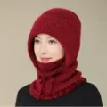 Winter women knitted hat scarf integrated fleece warm red balaclava cycling cap stylish thick - One Size / Burgundy