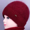 Conjunto de gorro de punto cálido de invierno y bufanda rojo vino, diseño felpa grueso. - Burdeos