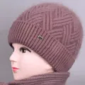 Conjunto de gorro y bufanda de punto grueso para mujer, comodo sombrero de invierno malva. - Rosa empolvado