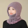 Winter warm knitted hat with integrated scarf and face mask, thick plush lining for women. - One Size / Lotus root pink