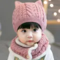 Cute pink knitted baby cat ear hat and fleece lined scarf set, warm winter outfit for toddlers. - Pink