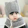 Lindo bebé invierno cálido gorro de punto y bufanda con orejas de gato para niños pequeños. - Gris
