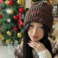Brown knitted beanie hat for women winter warm cute bear embroidery casual soft headwear - M (56-58cm) / Coffee