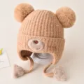 Lindo gorro de punto de invierno para bebé con orejas de oso, orejeras y pompón caqui - Talla única / Caqui