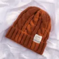 Brown cable knit beanie winter warm wool hat stylish ribbed cuff solid color winter cold hat - Caramel