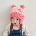 Cute baby winter knit hat with ear flaps pom poms pink warm infant fleece cap for boys girls - Suitable for 1-5 years old children / Pink