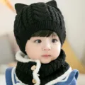 Baby knit cat ear hat and scarf set, black toddler winter warm fleece lined beanie cap. - Black