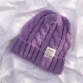 Purple cable knit beanie for women, warm winter thick wool hat with stylish woven label patch. - Purple