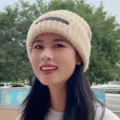 Women's warm winter knit beanie hat, thick thermal wool cap with front label patch, beige - Beige