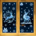 Adesivi per finestre di Natale fiocco di neve blu cervo statico decorazione inverno - Set di 2 BQ825+826