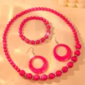 Candy-colored acrylic beaded necklace bracelet and large hoop earrings set for women - Rose Red Zirconia Set