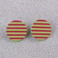 Detailed view of round striped acrylic stud earrings, stylish and minimalist everyday wear. - Rose Red and Green Stripes