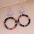 Retro leopard print acrylic circle dangle earrings with purple beads for women fashion jewelry. - Blue and Purple