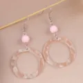 Retro acrylic hoop dangle earrings with pink beads, stylish geometric resin jewelry for women detail view. - Light Pink